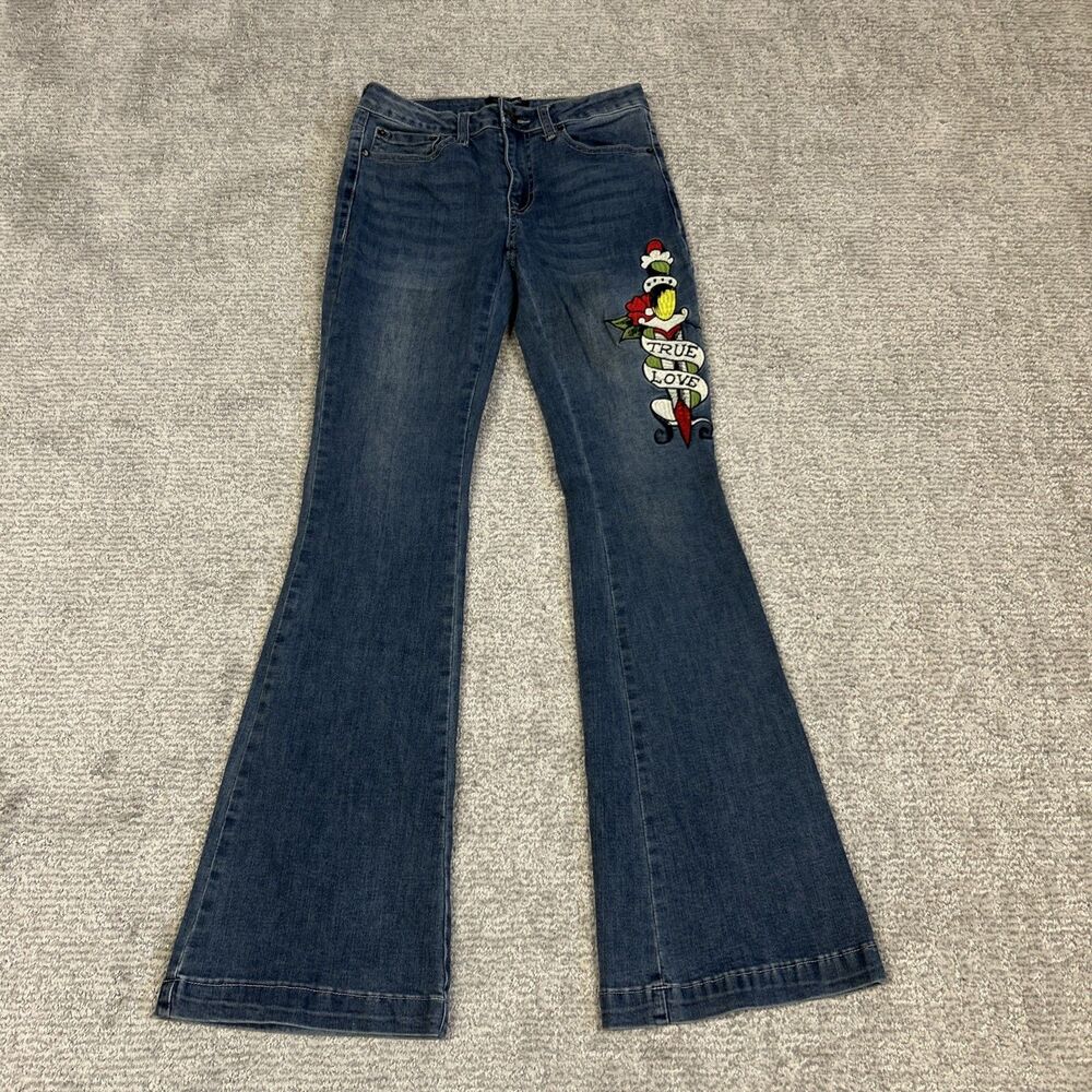 Ed Hardy Flare Jeans Womens 26 True Love Dagger Love Eternal Embroidered Y2K